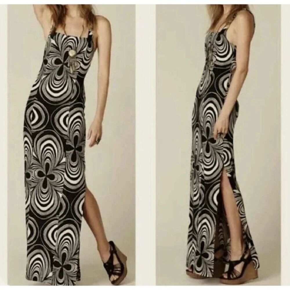Free People Women’s Geometric Black Cream Maxi Dress Slit Extra Small Cross Back